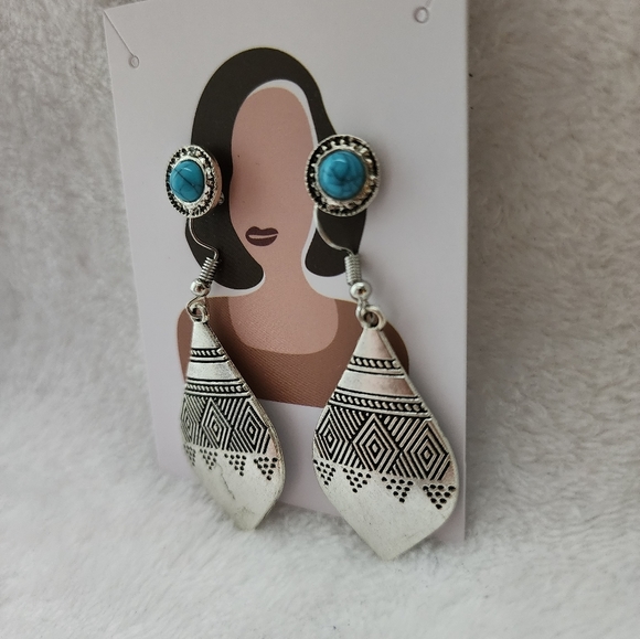 Silver Teardrop with Round Turquoise Earrings - Picture 3 of 6